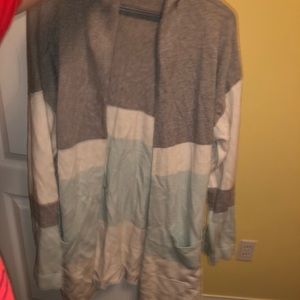 Gray white light green striped cardigan with pockets